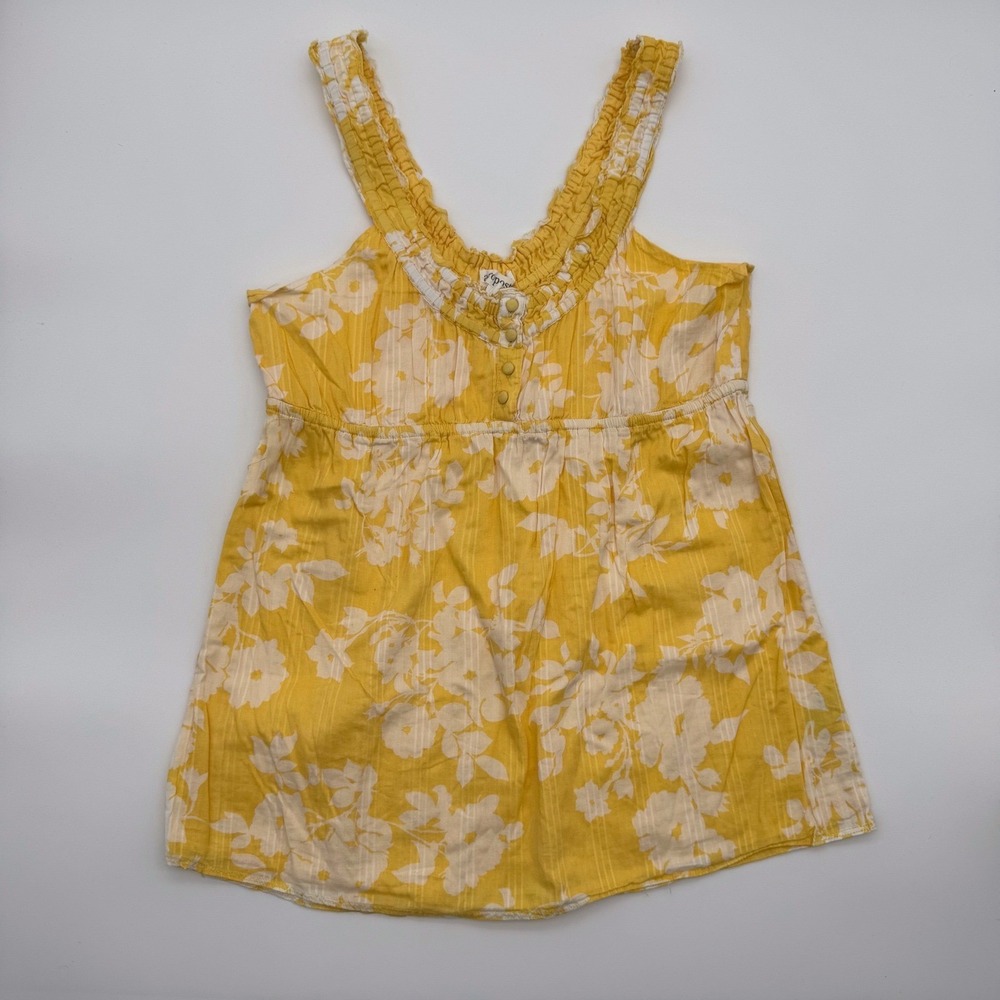 Aeropostale Womens XL Yellow Floral Babydoll Tank Top Cotton Smocked V-Neck